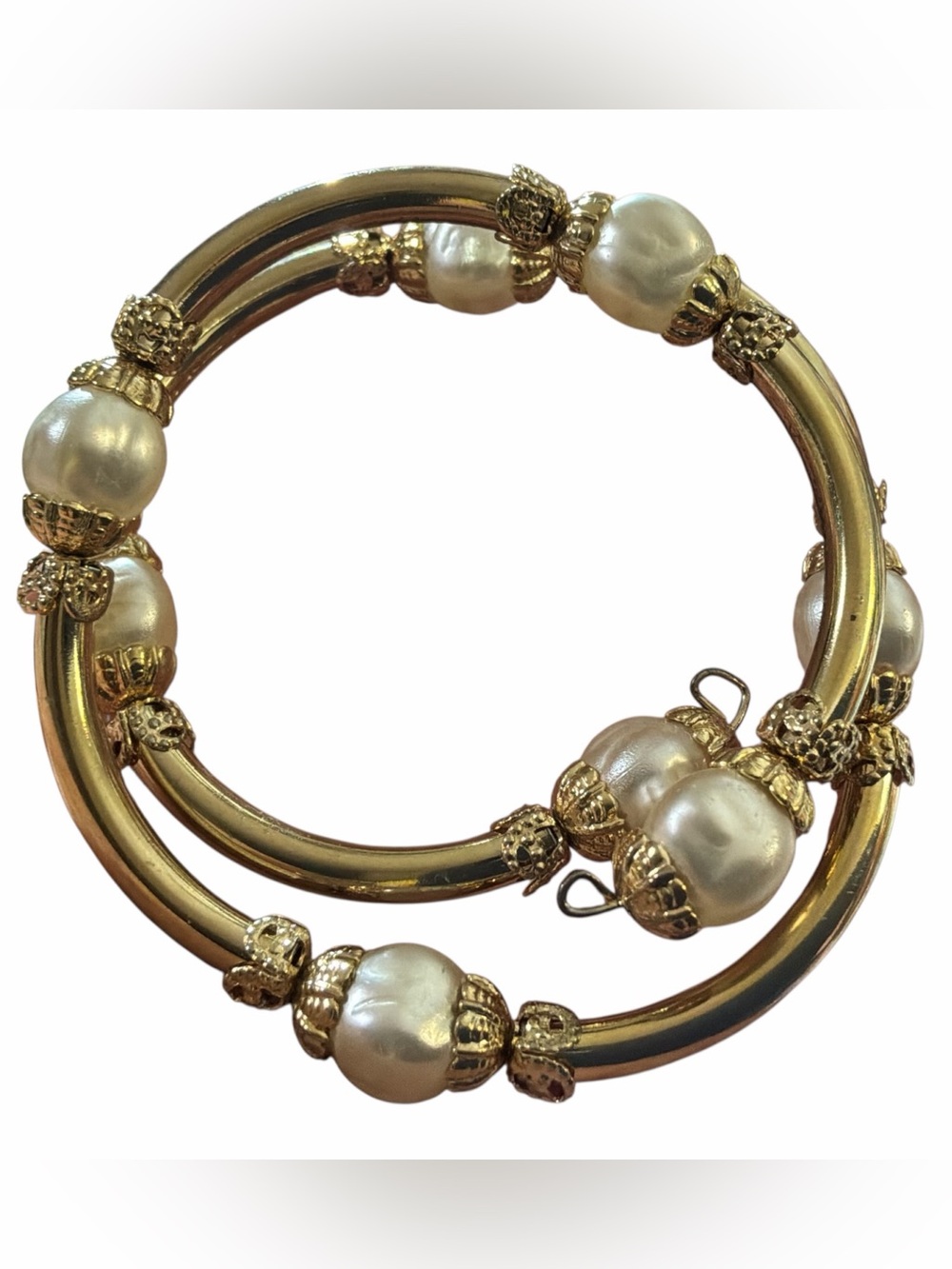 Modern Minimalist Faux Pearl and Gold Toned Metal Coil Wrap Cuff Bracelet